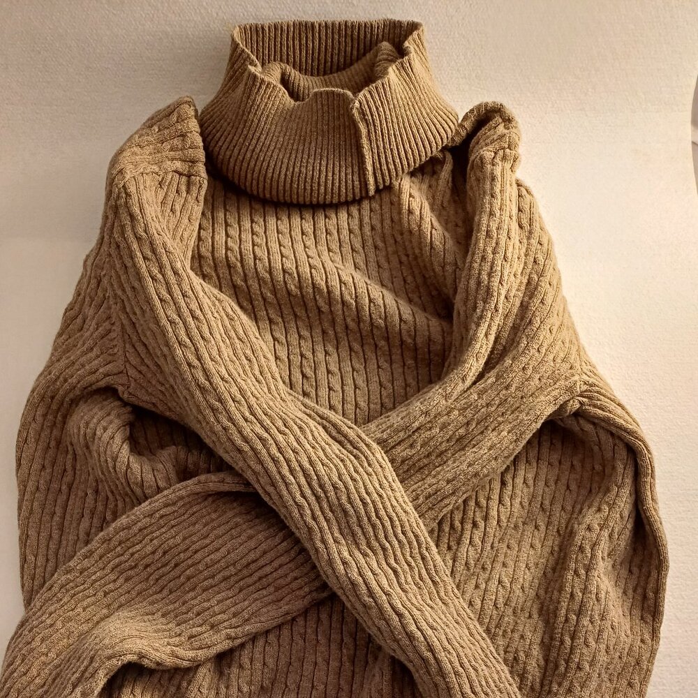 Jeanne Pierre 100% COTTON Women Beige Tan Brown Sweater Turtleneck Cowl Pullover